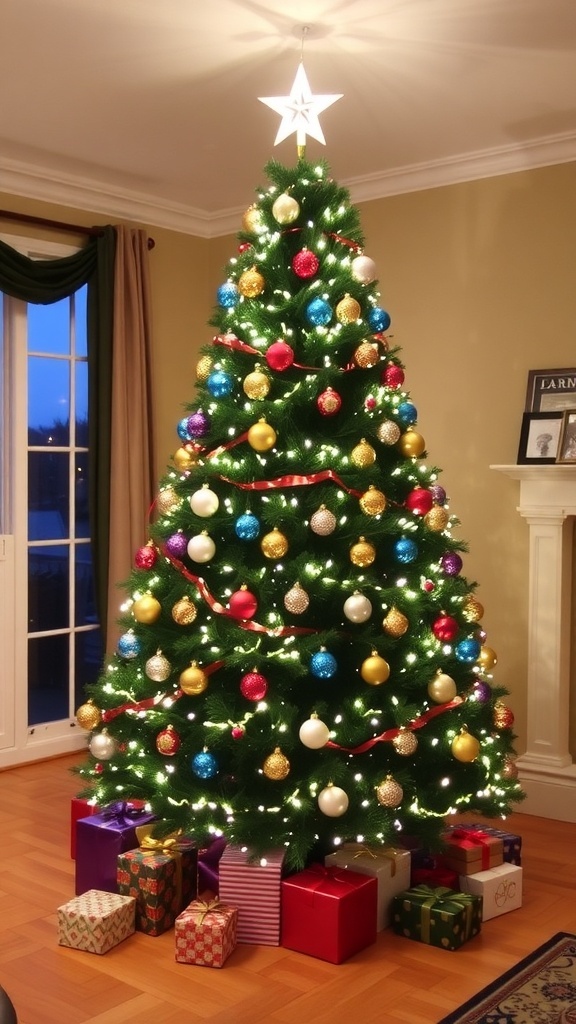 A tall, decorated Christmas tree with lights and ornaments in a festive living room.